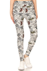 Yoga Style Banded Lined Dragonfly Print, Full Length Leggings In A Slim Fitting Style With A Banded High Waist