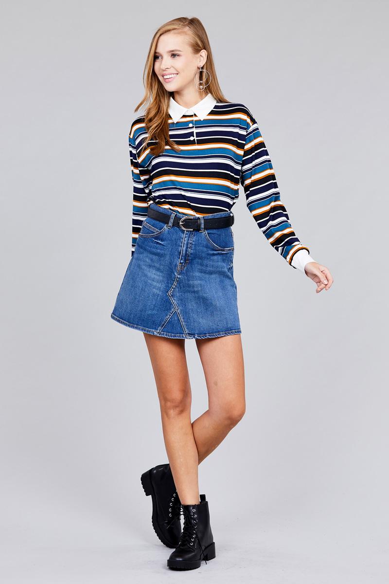 Plus Size Multicolor Striped Long-Sleeve Polo Shirt Secondary image