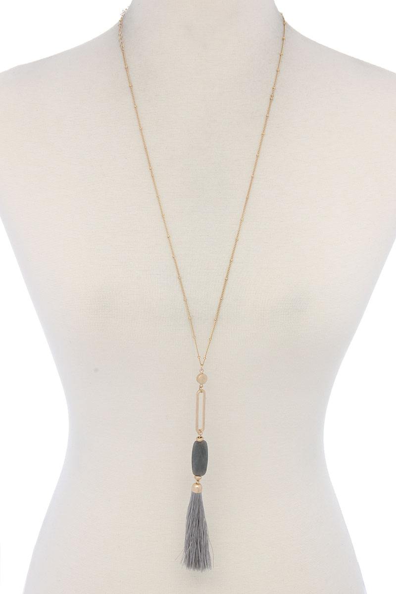 Long Oval Cutout Bead Pendant Necklace With Tassel Secondary image