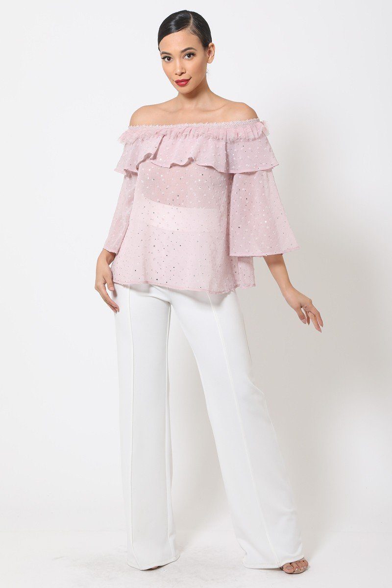 Mauve Sheer Polka Dot Ruffle Top Secondary image