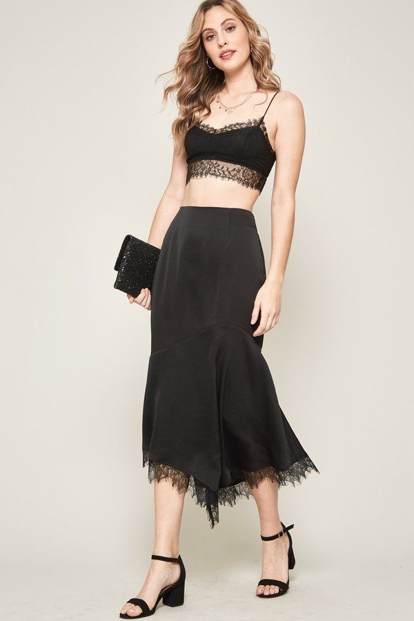 Black Satin Crepe Mermaid Midi Skirt with Lace Trim Secondary image
