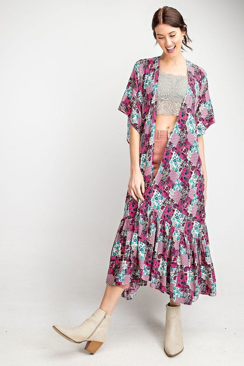 Pink Multi-Print Rayon Ruffle-Hem Maxi Kimono Secondary image