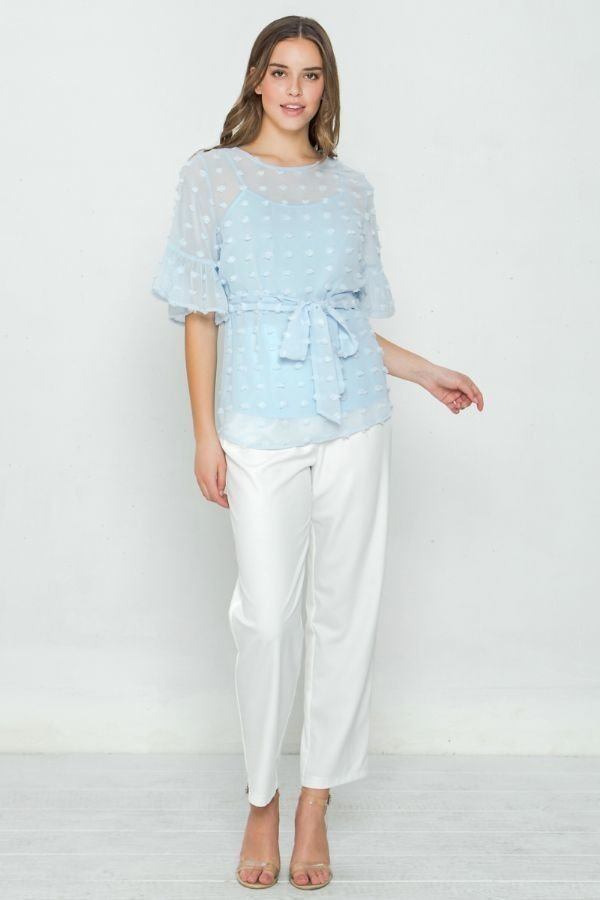 Light Blue Pom-Pom Top with Ruffled Sleeves Secondary image