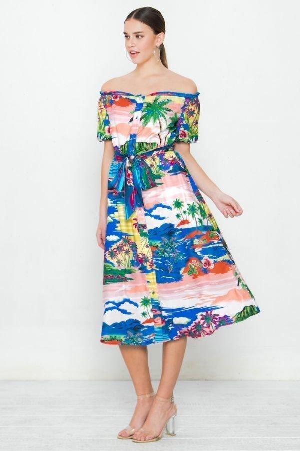 Blue Printed Off-Shoulder Woven Dress Secondary image