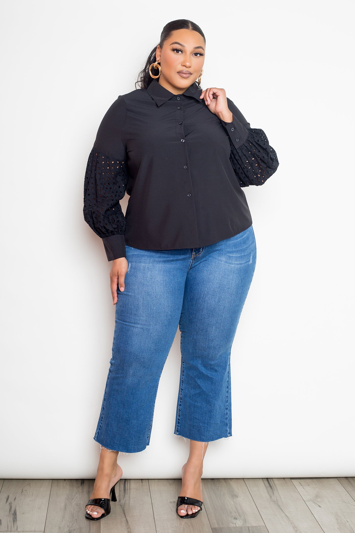 Black Plus Size Blouse with Eyelet Sleeves Secondary image