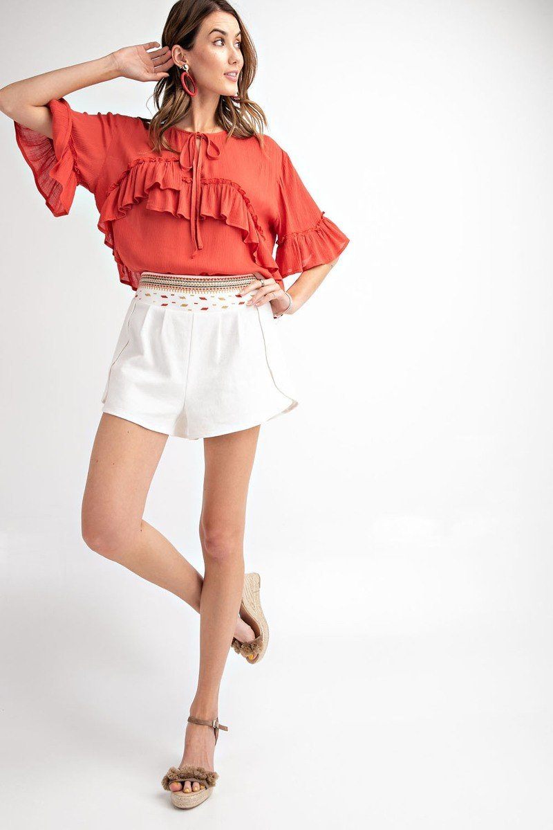 Ivory High-Rise Cotton Shorts with Tulip Hem Secondary image
