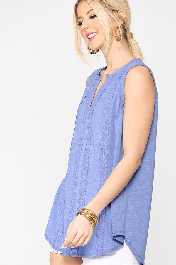 Denim Blue Lace Trim Sleeveless Tunic Top Secondary image