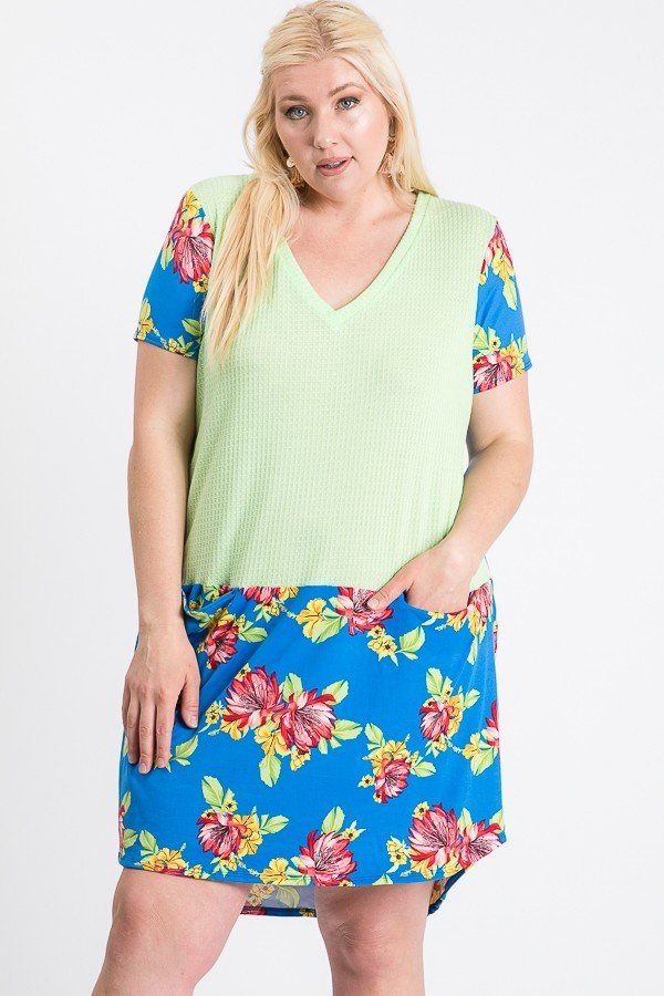 Short Sleeve Floral Blocked Midi Dress With Front Pocket