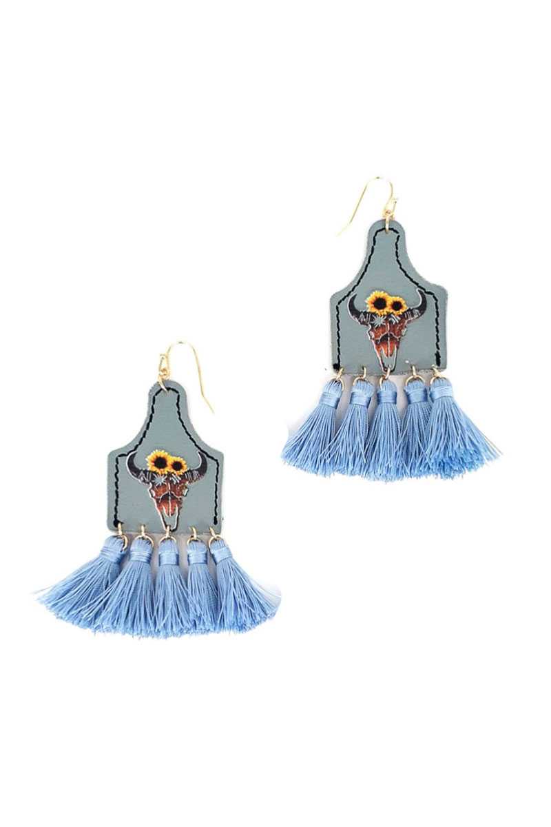 Western Cow Skull Tassel Drop Earrings Secondary image