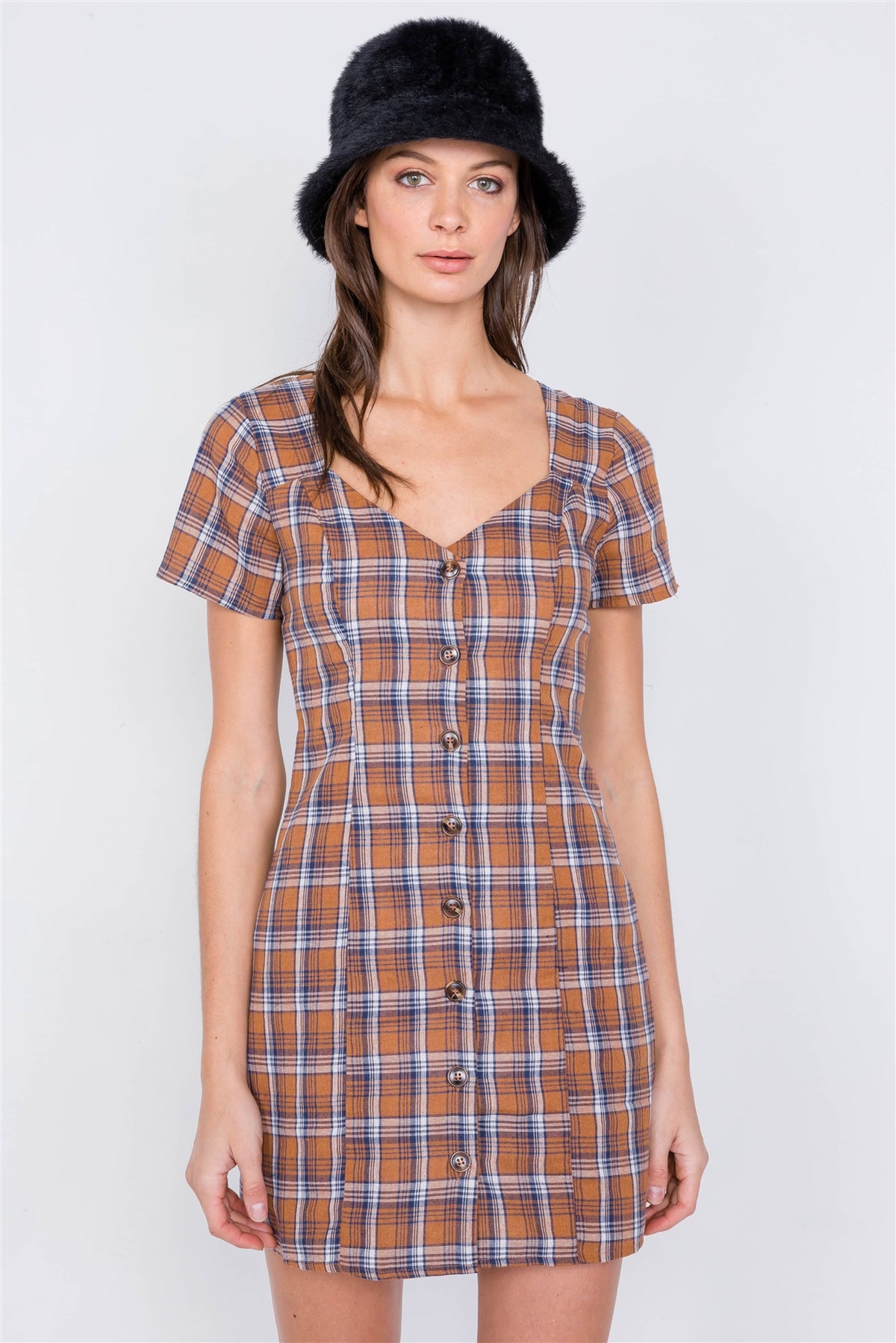 Brown Multi Checkered Stripe Casual Open Back Vintage Mini Dress