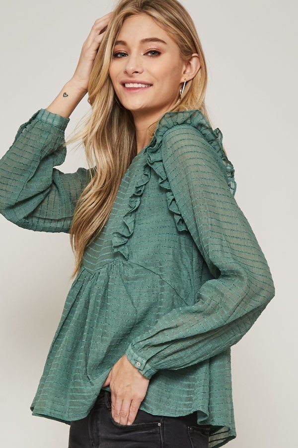 Green Ruffled Striped Babydoll Woven Top Secondary image