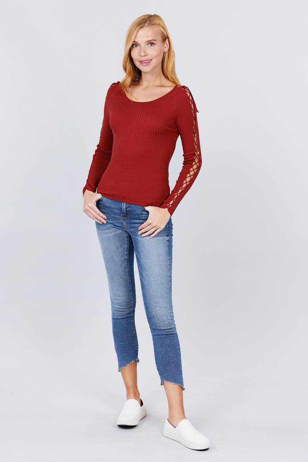 Rust Ribbed Sweater Top with Lace-Up Sleeves Secondary image