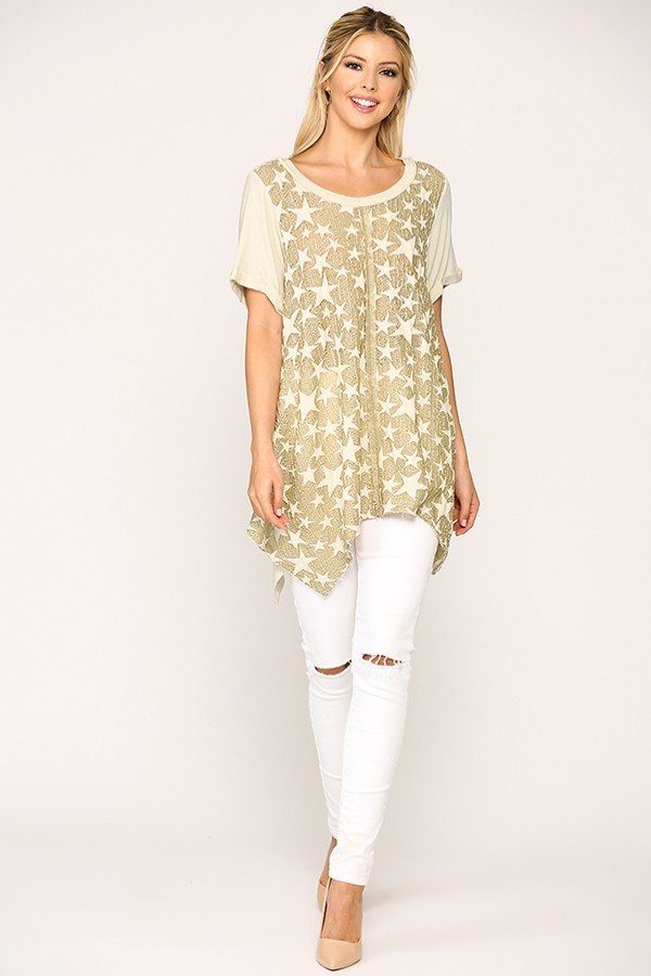 Golden Sand Star Print Shark Bite Hem Tunic Top Secondary image