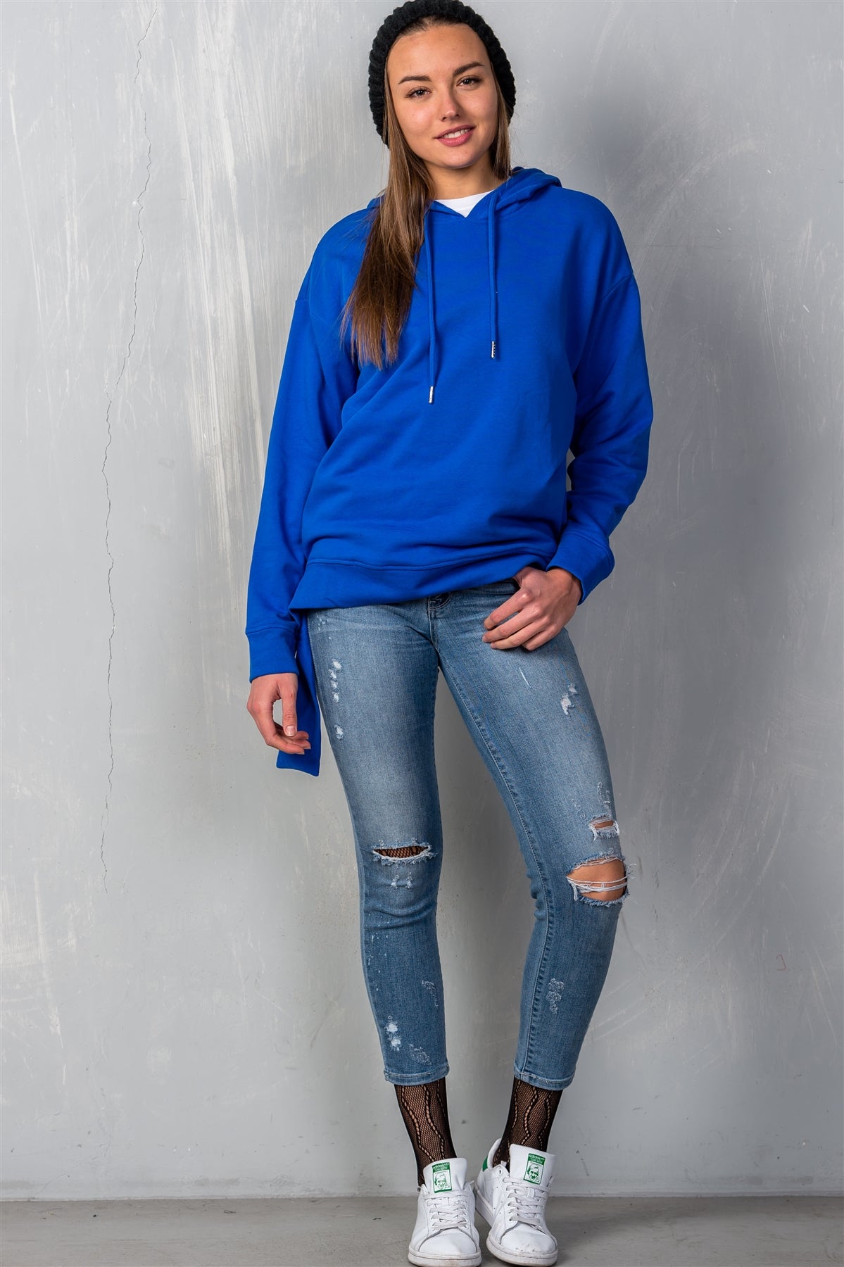 Royal Blue Drawstring Hoodie with Uneven Hem Secondary image