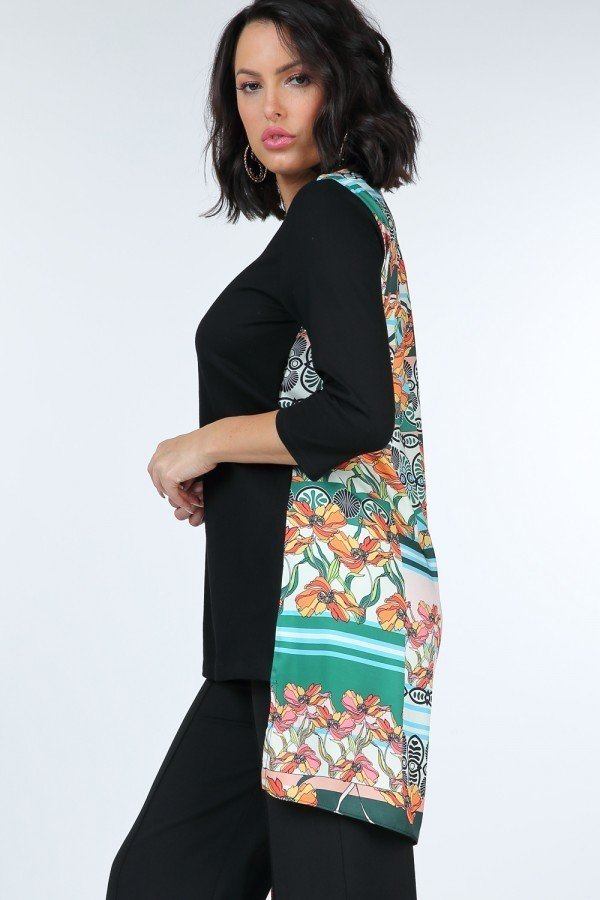 Black Cotton Tunic Top with Asymmetrical Printed Panels Secondary image
