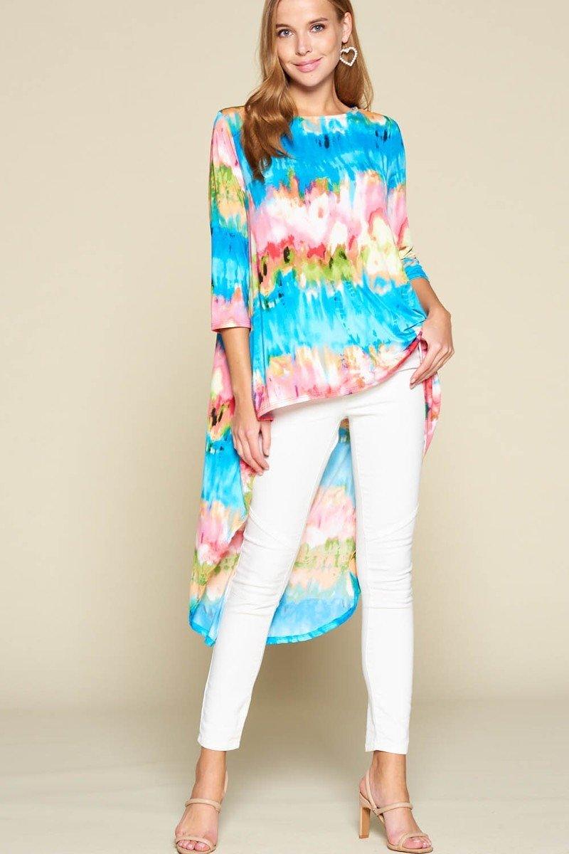 Pink and Blue Tie-Dye High-Low Tunic Top Secondary image