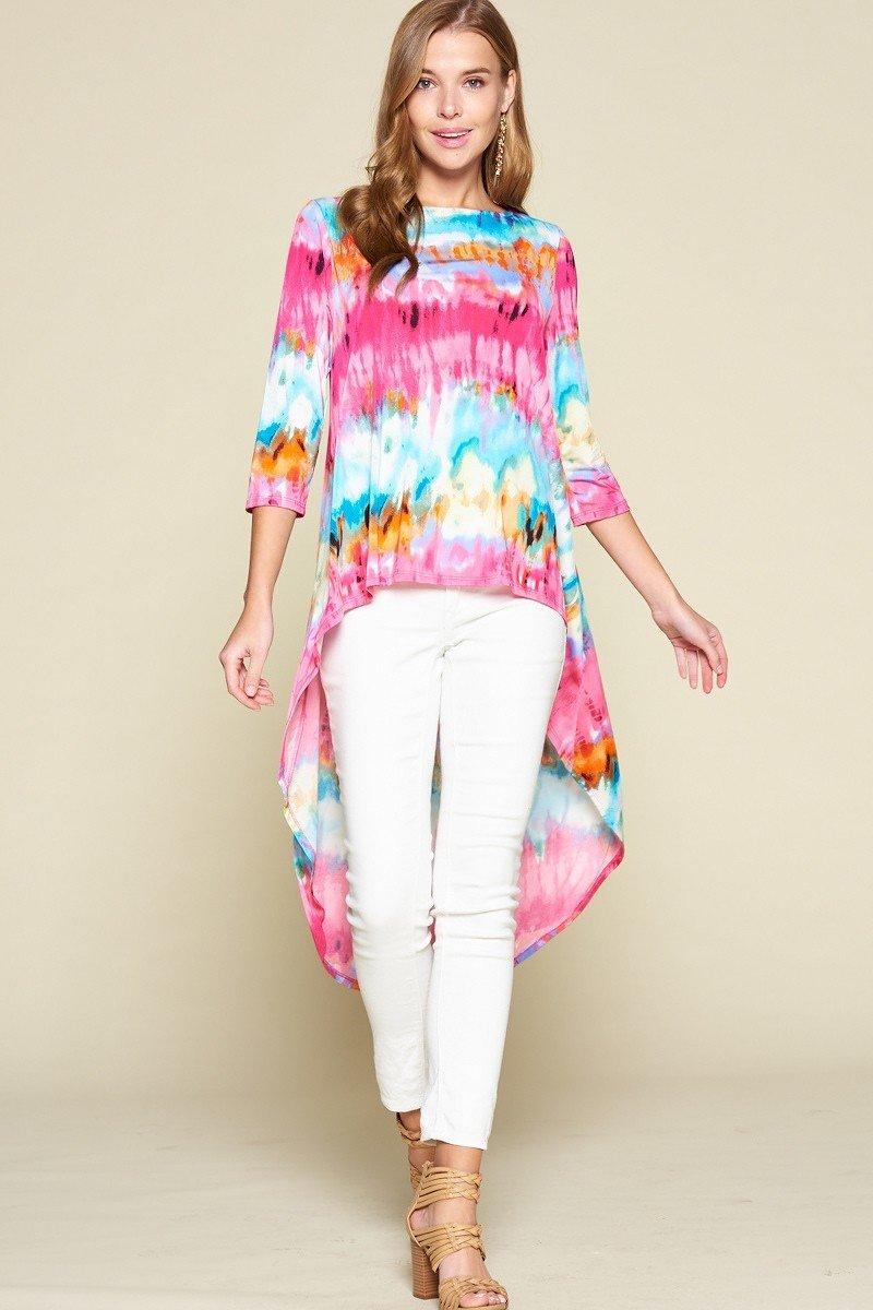 Fuchsia Tie-Dye High-Low Top With 3/4 Sleeves Secondary image