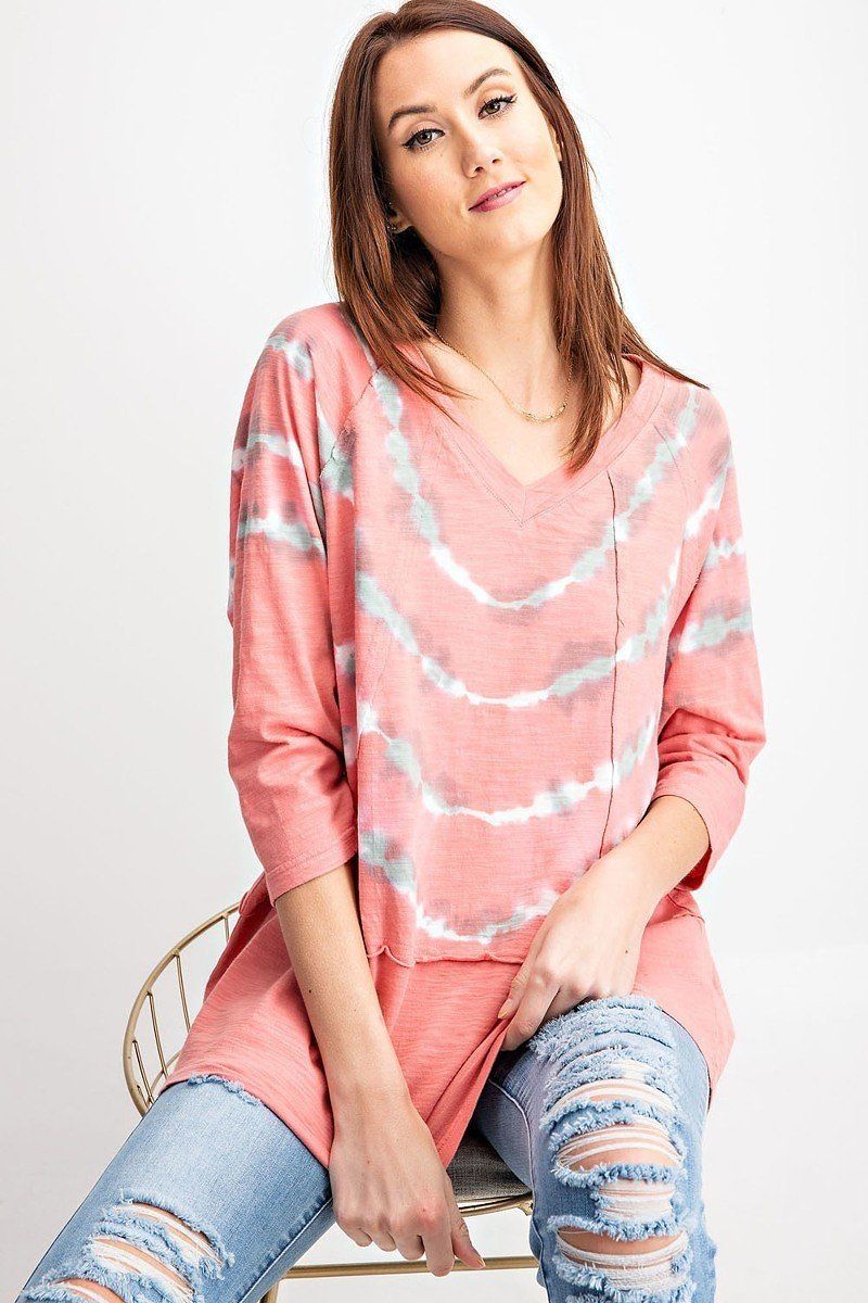 Coral Tie-Dye V-Neck Boxy Top with 3/4 Sleeves Secondary image