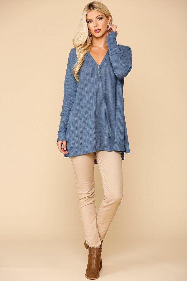 Blue Waffle-Knit Button Front Hi-Low Tunic Top Secondary image