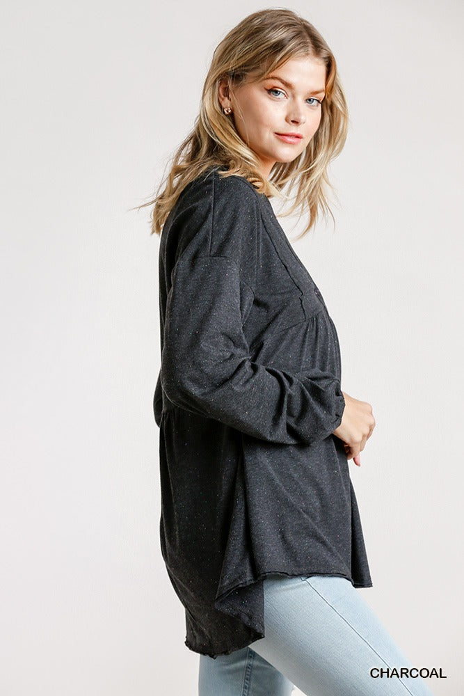 Charcoal Confetti Babydoll Top With Button Front Secondary image