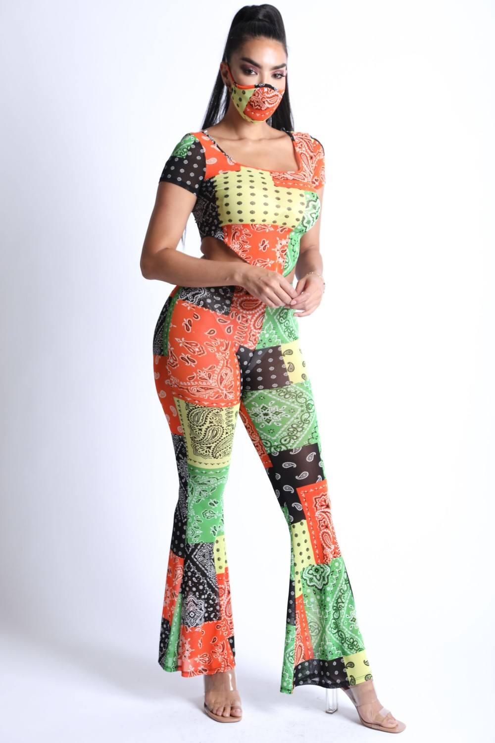 Bandanna Patchwork Crop Top and Flare Pants Set Secondary image