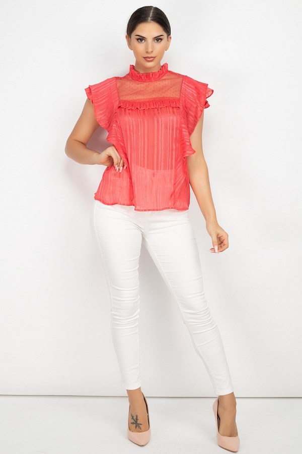 Coral Ruffle Sleeve Shadow Stripe Top Secondary image