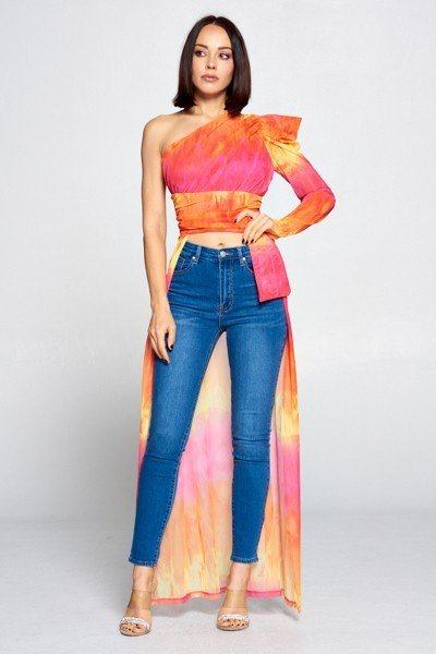 Yellow/Fuchsia Tie-Dye One-Shoulder Crop Top Secondary image