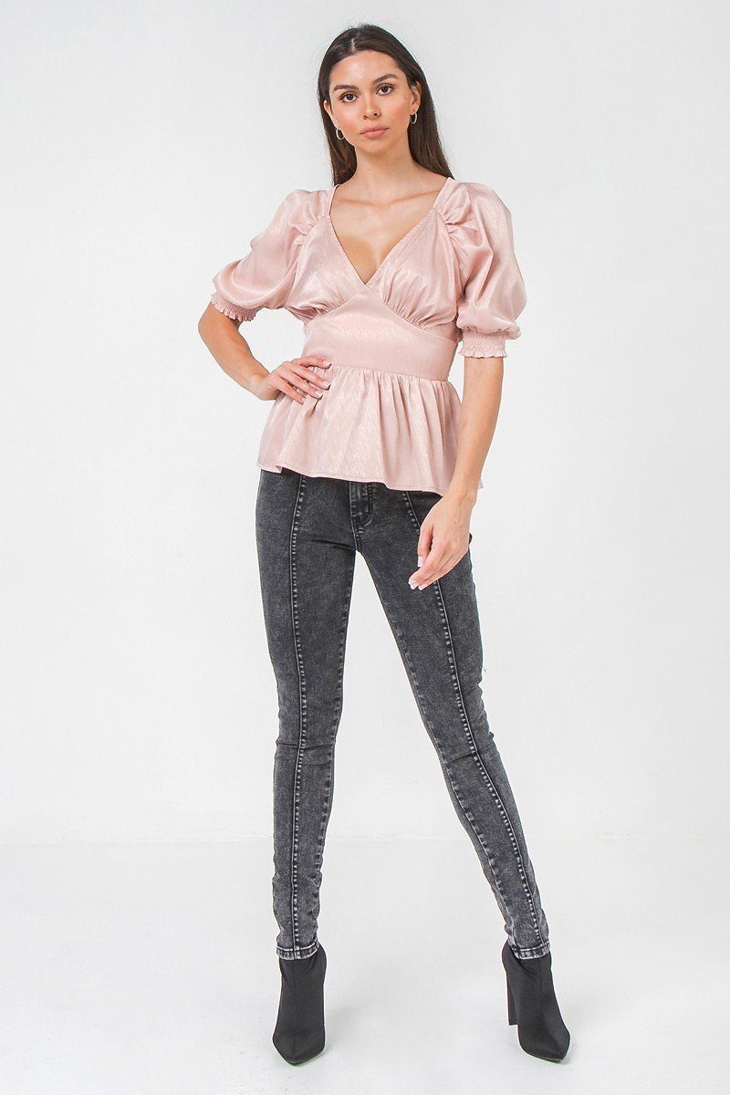 Blush Sateen V-Neck Peplum Top Secondary image