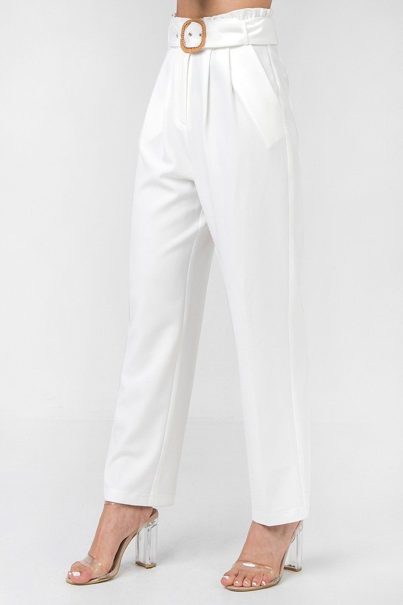 A Solid Pant Featuring Paperbag Waist With Rattan Buckle Belt