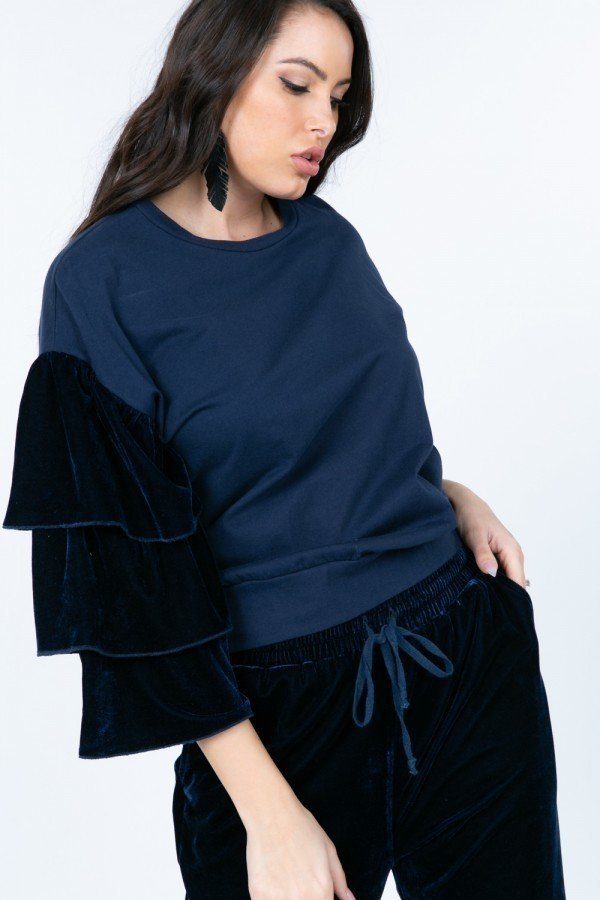 Navy Velvet Ruffle Sleeve Pullover Top Secondary image