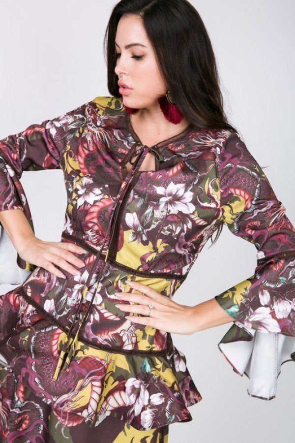 Mustard Multi Floral Print Ruffle Sleeve Midi Dress Secondary image