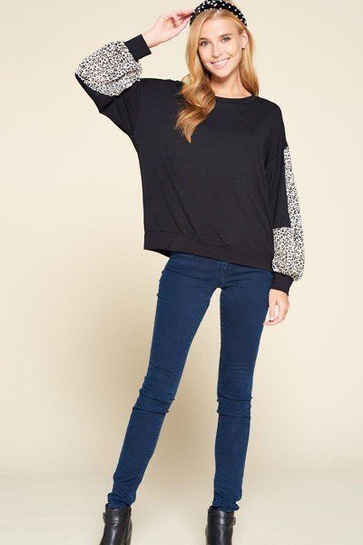 Black/Ivory Animal Print Mesh Sleeve Jersey Top Secondary image