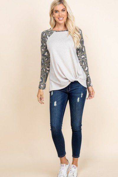 Oat French Terry Top With Camo Animal Print Sleeves Secondary image