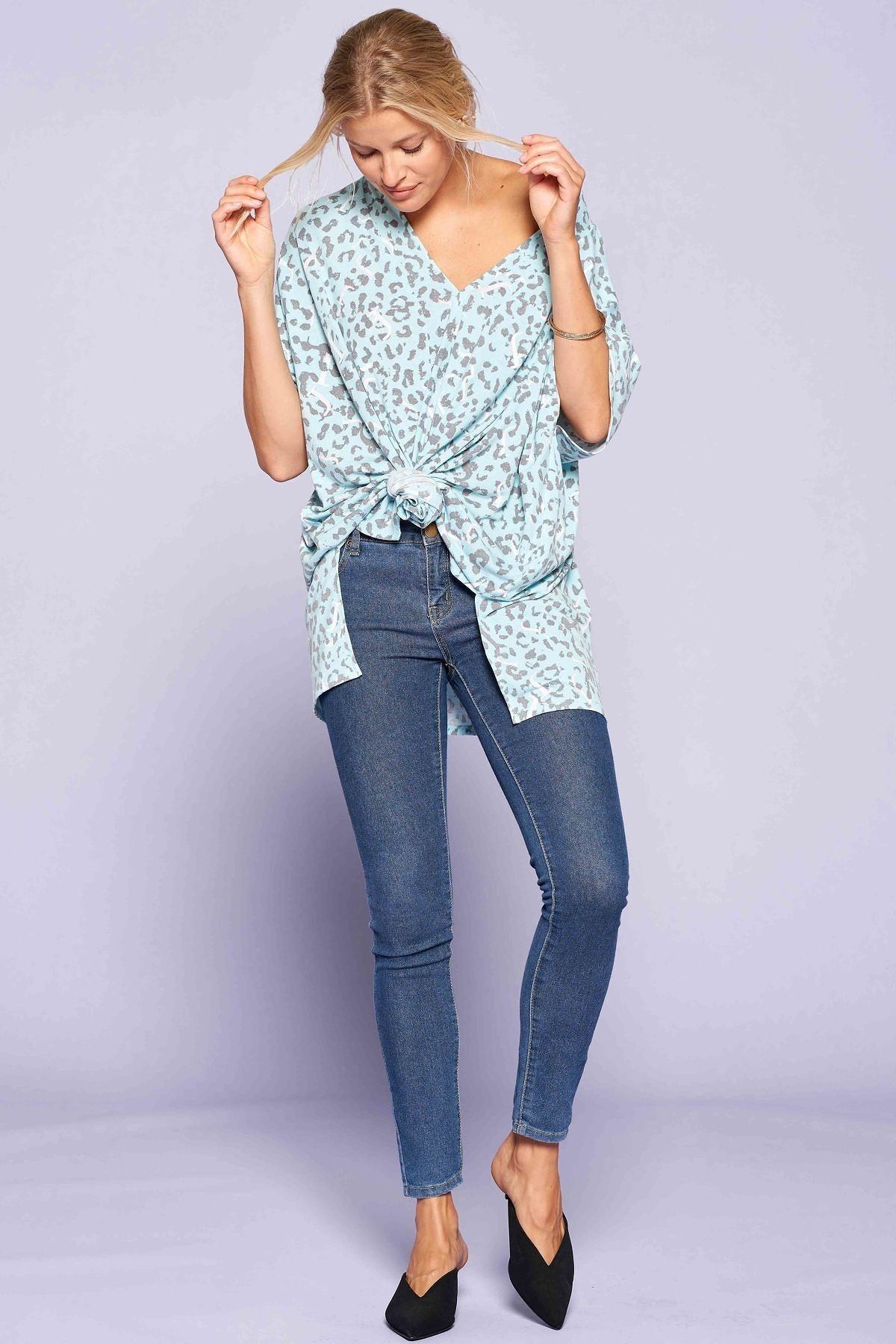 Mint Leopard Letter Print Knit Top Secondary image
