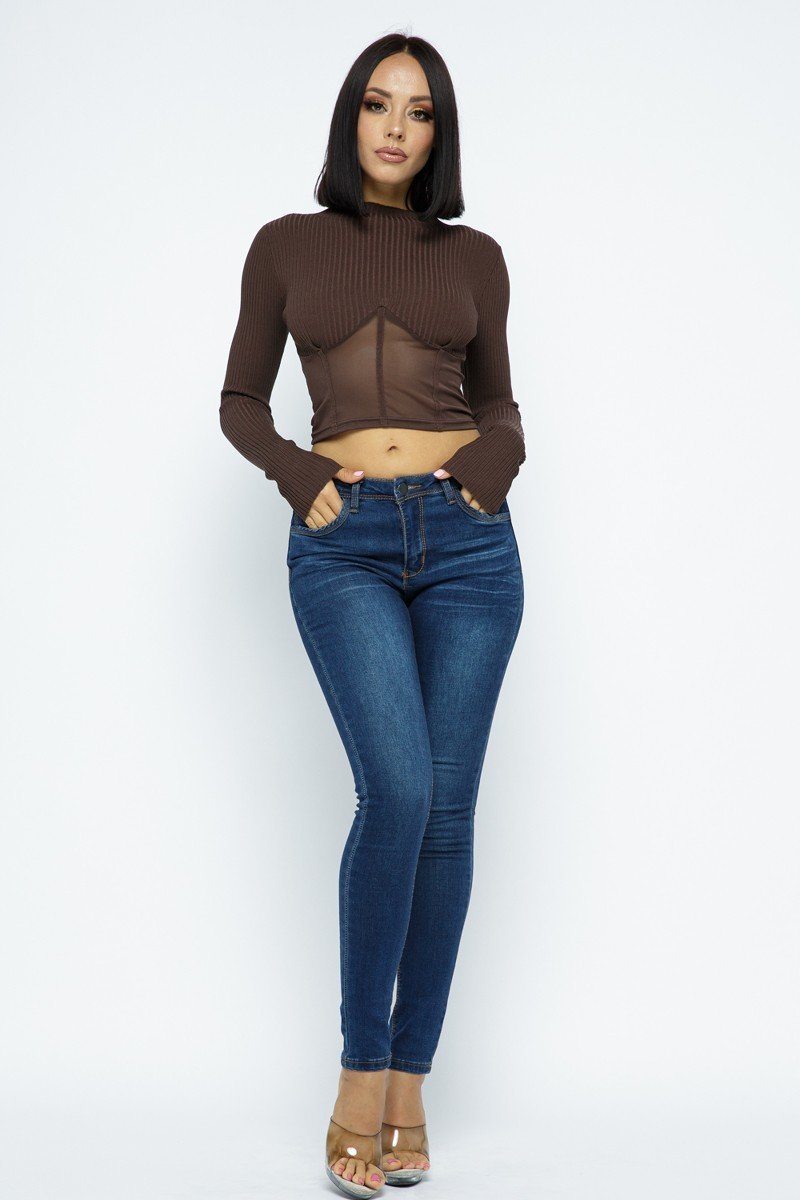 Chocolate Ribbed Knit Top With Mesh Waist Panel Secondary image
