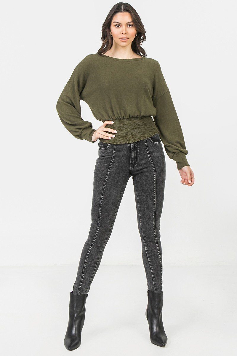 Olive Knit Top with Smocked Waistband and Dropped Shoulders Secondary image