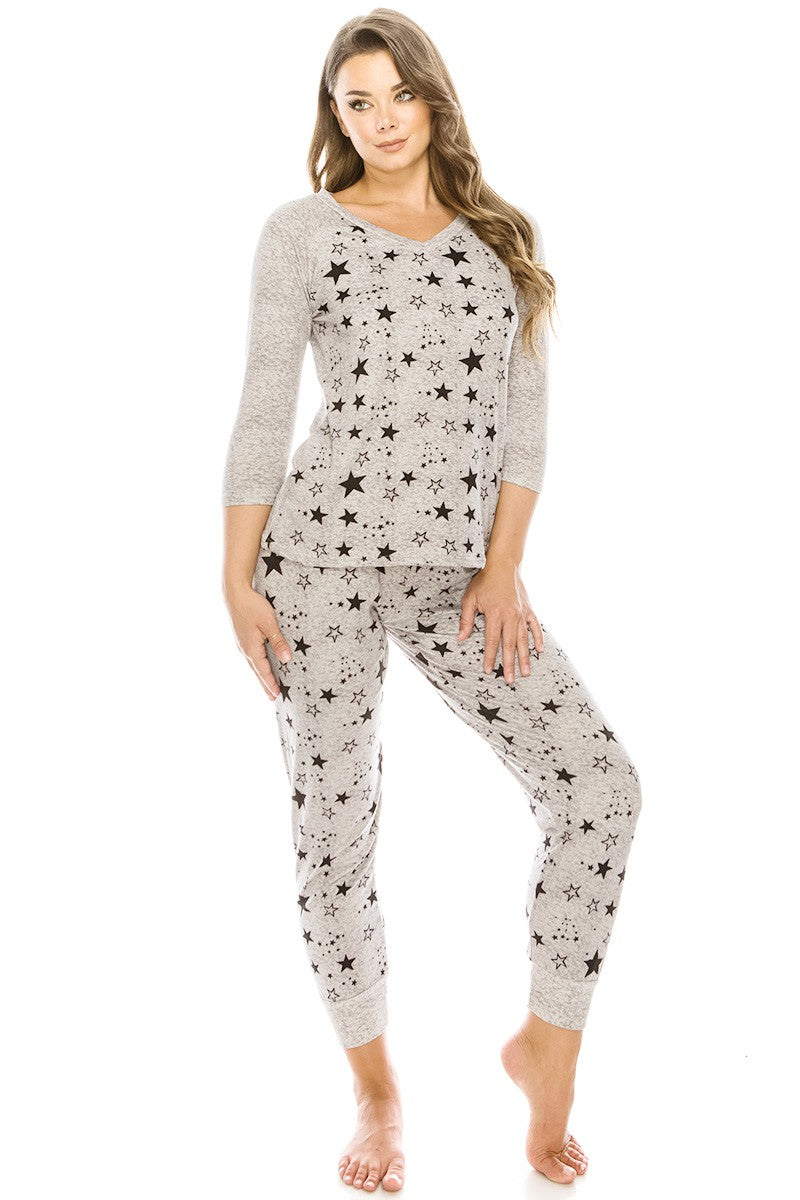 Star Print Mixed Knit V-Neck Top Secondary image