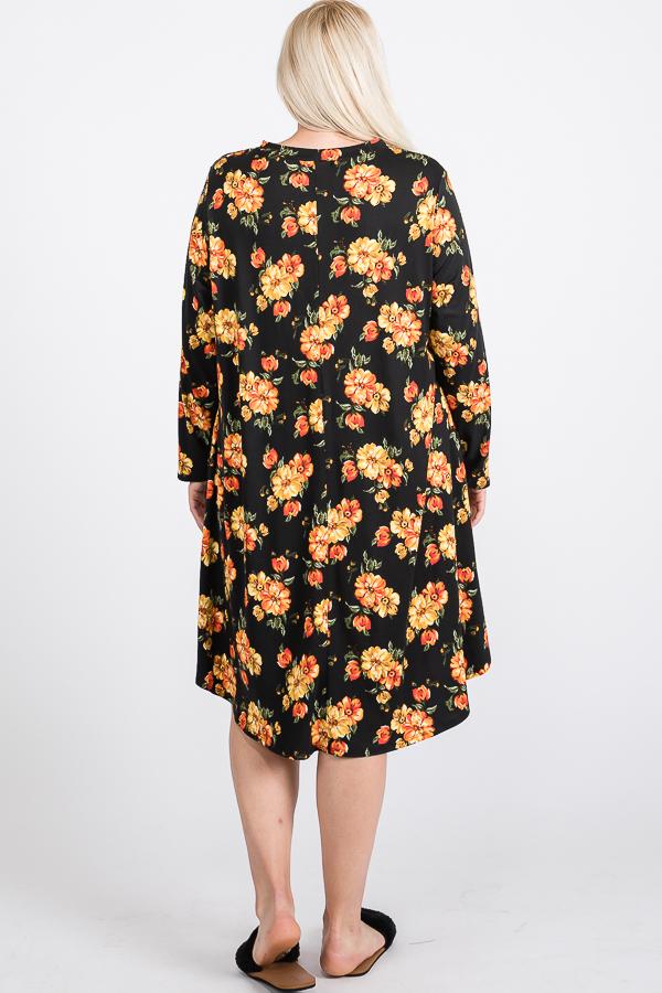 Floral Mock Neck Hidden Pocket Round Hem Midi Dress