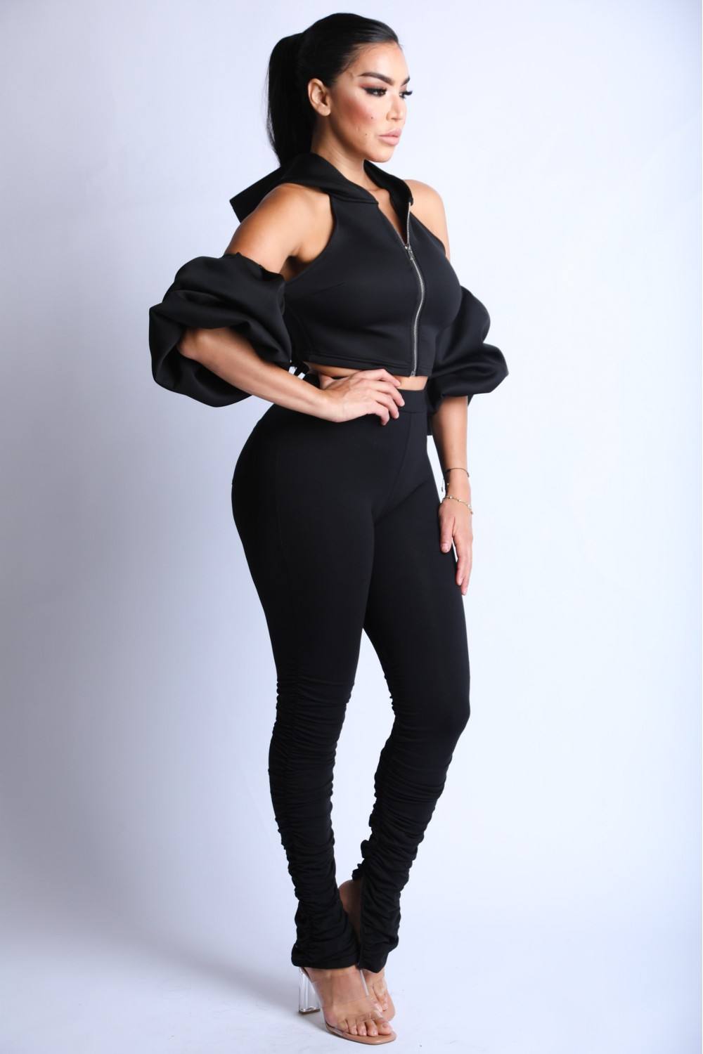 Black Puff-Sleeve Hooded Two-Piece Set Secondary image