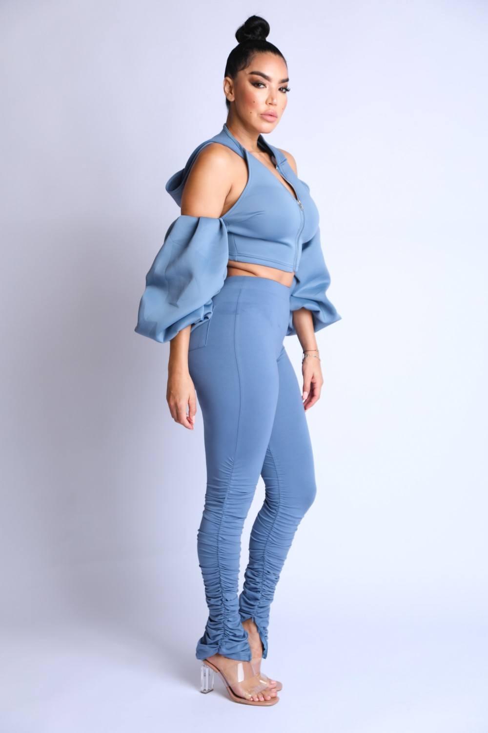 Blue Puff-Sleeve Zip-Front Set Secondary image