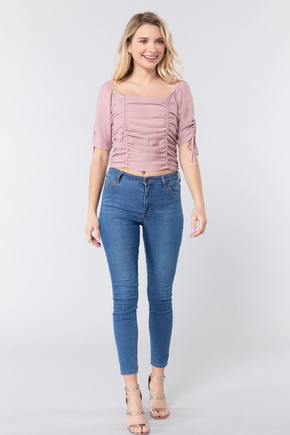 Mauve Ruched Woven Top with Elbow Sleeves Secondary image