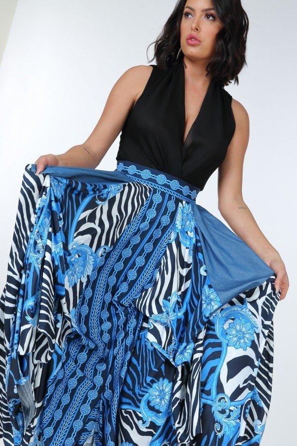 Blue and Black Mixed Print Maxi Skirt Secondary image