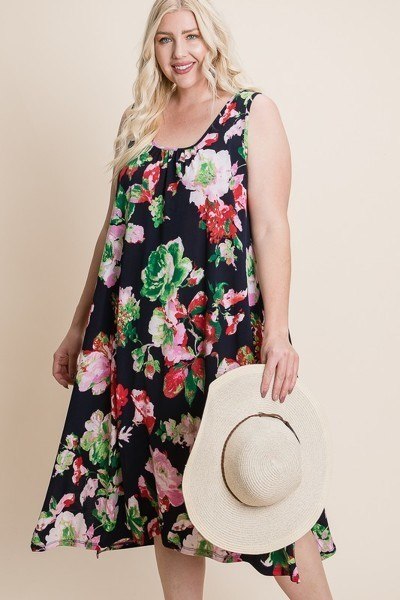 Plus Size Floral Bulgari Printed Tank Midi Dress With Asymmetrical Hem