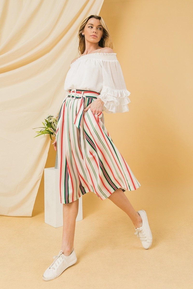 Ivory Multicolor Striped Pleated Midi Skirt Secondary image