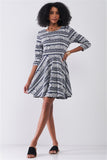 Navy & White Multi Print Round Neck 3/4 Sleeve A-line Mini Dress