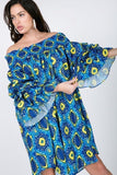 Puffy Ruffle Sleeve Smocking Off Shoulder Print Midi Dress