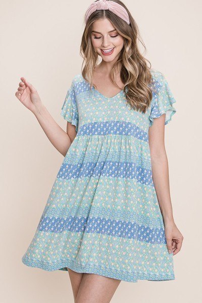 Blue Floral V-Neck Babydoll Mini Dress Secondary image