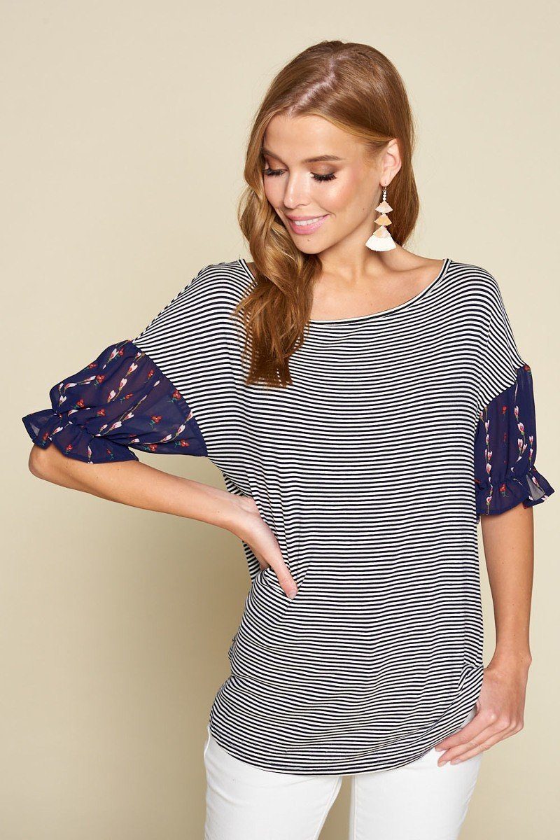 Striped Top with Floral Chiffon Sleeves Secondary image