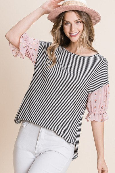 Striped Top with Pink Floral Chiffon Sleeves Secondary image