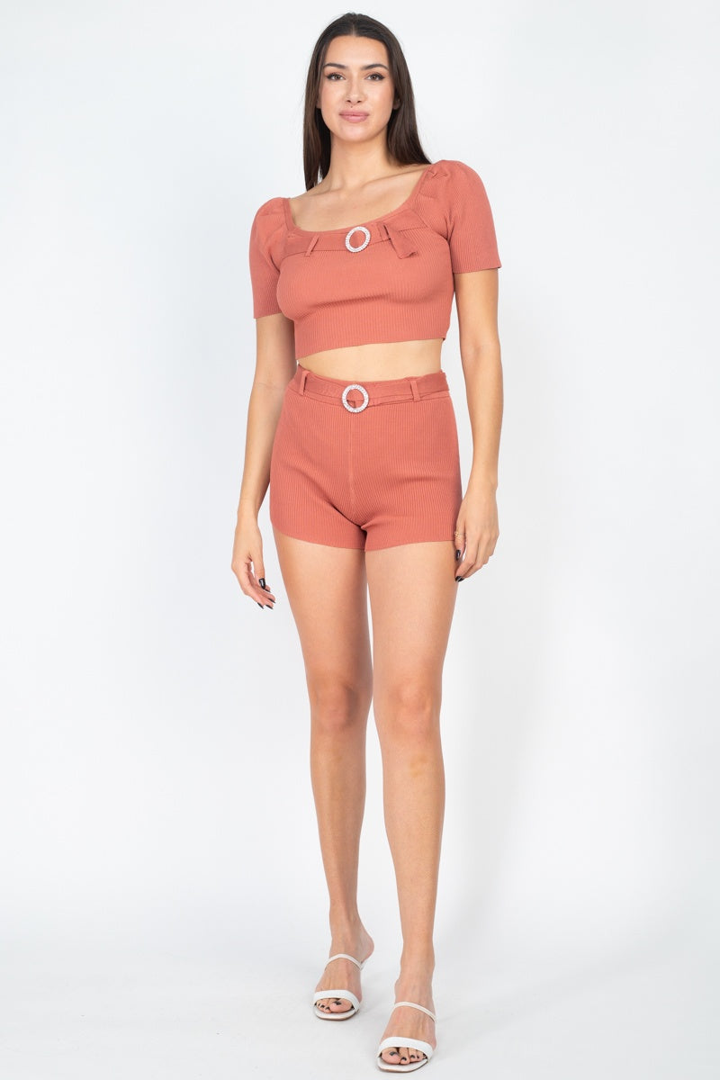 Marsala Ribbed Crop Top and Shorts Set Secondary image